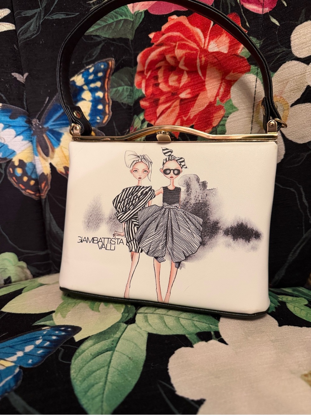 White Printed Mini Top-Handle Bag with Fashion Illustration
